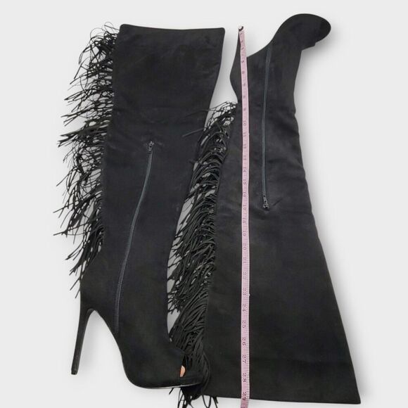 Steve Madden Lesha Suede Thigh High Open Toe Tall Heeled Fringe Boot Black Sz 9M - Picture 6 of 13